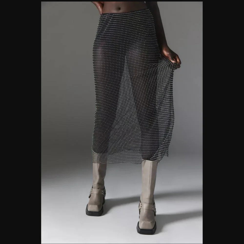 Silence + Noise Sheer Black Diamante Fishnet Maxi Skirt womens L - Picture 4 of 5